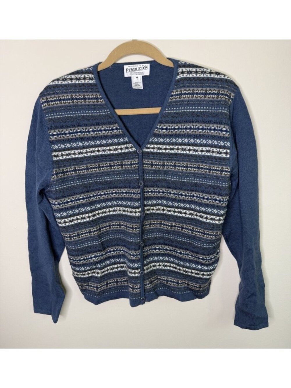 Vintage 90s Pendleton Merino Wool Cardigan Sweater Fair Isle Blue
